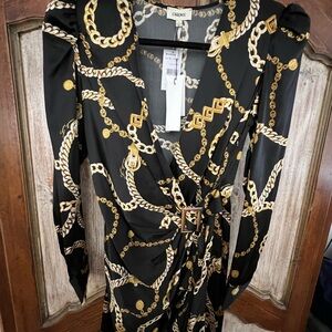 L'AGENCE Gold and Black Sheath Dress with Bishop Sleeves